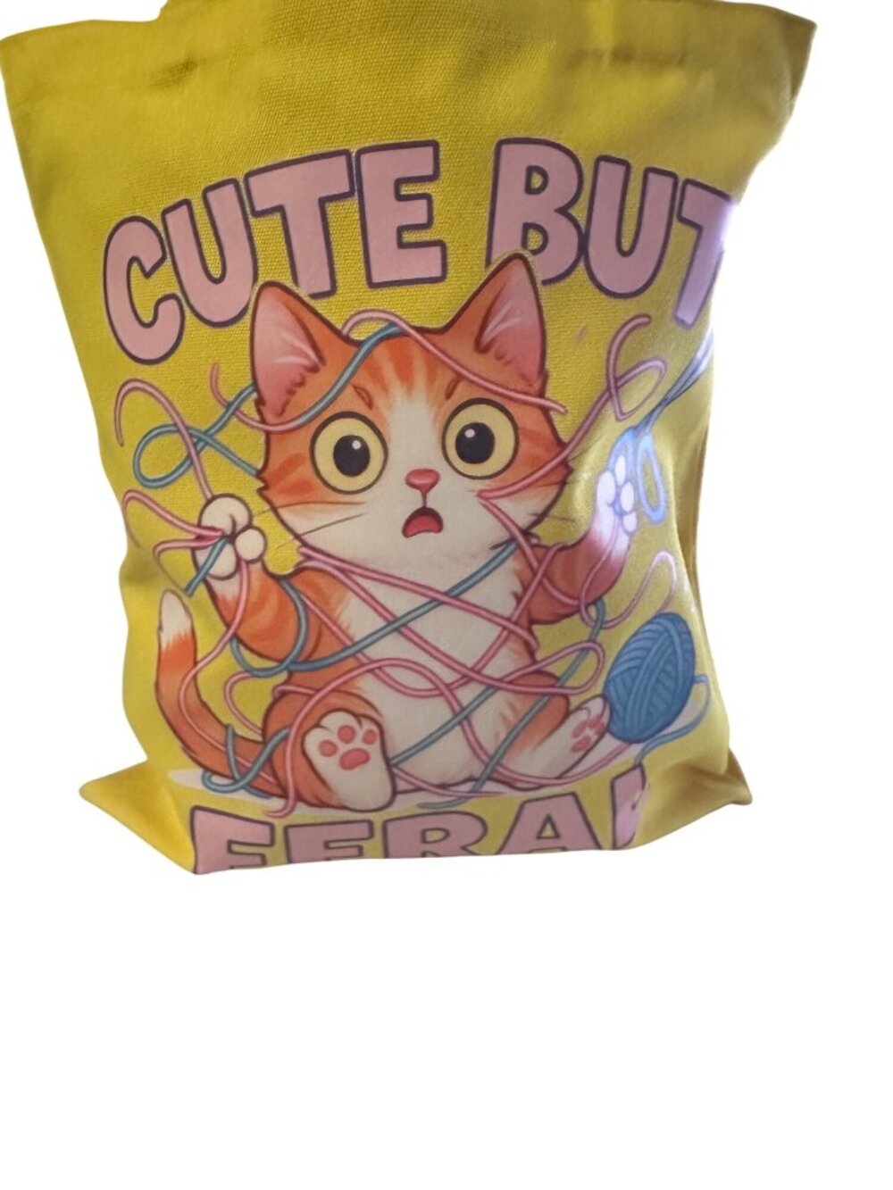 Lzerking Cute But Feral Cat Yarn Tote Bag Yellow 13x15 Cotton Blend